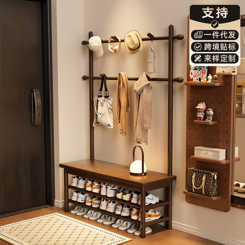实木换鞋凳挂衣架一体鞋架入户门口家用玄关多功能衣帽架鞋柜坐凳