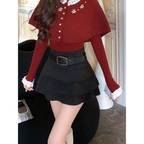 AZZHEN【温柔曳影】毛呢蛋糕裙搭配丝绒腰带俏皮甜美千金感半裙