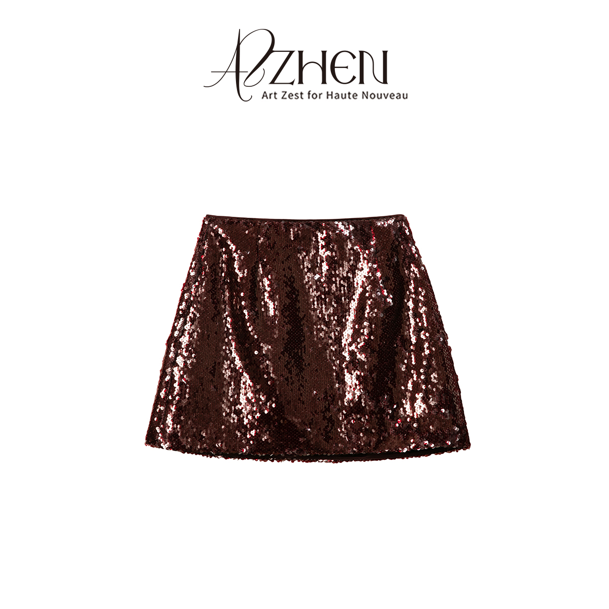AZZHEN【葡萄蜜酒】复古千金酒红亮片包臀短裙女A字高腰半身裙