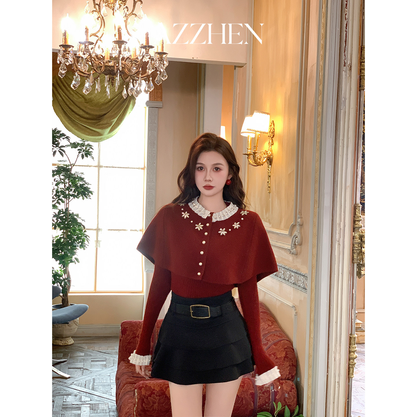 AZZHEN【花步舞曲】高织钉珠珍珠扣披肩斗篷两件套针织上衣