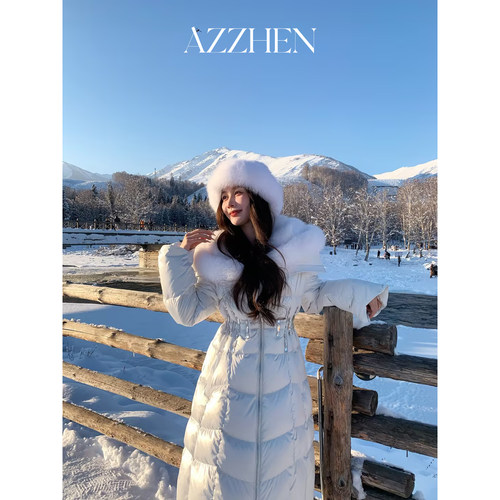 AZZHEN【迪士尼公主】长款狐狸毛可拆卸皮草90白鹅绒羽绒服外套