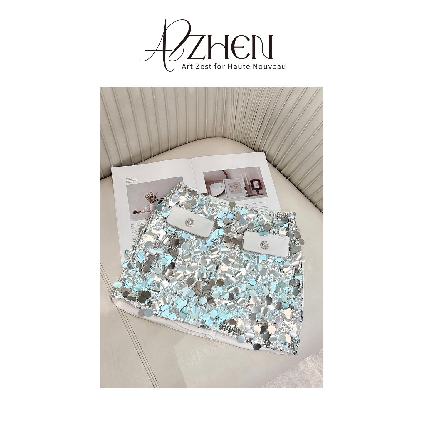 AZZHEN【月光末石】银色氛围感亮片A字裙设计感半身裙