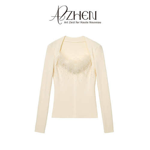 AZZHEN阿祯【风茉白】轻奢重工领口烫钻鸵鸟毛修身打底针织衫女