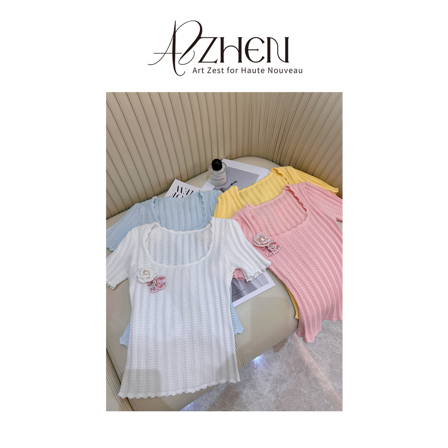 AZZHEN【初恋白茶】镂空薄款针织短袖上衣