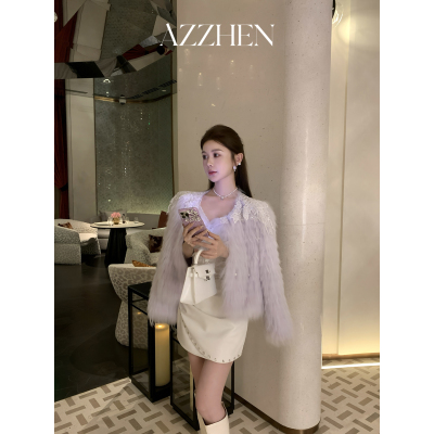 AZZHEN复古翻领毛皮草外套女