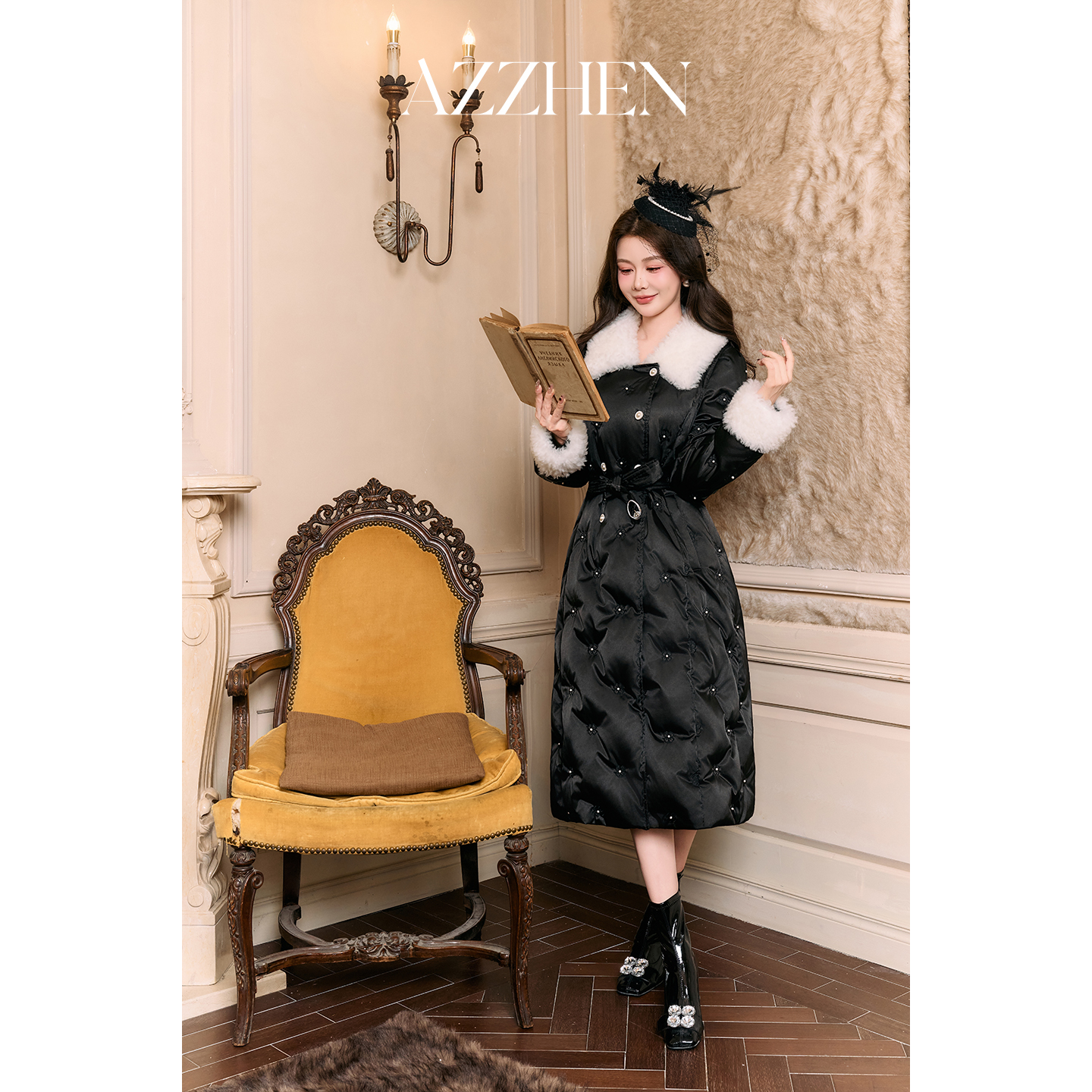 AZZHEN【凛冬恋歌】黑色长款鹅绒羽绒服女收腰保暖外套冬黑标系列