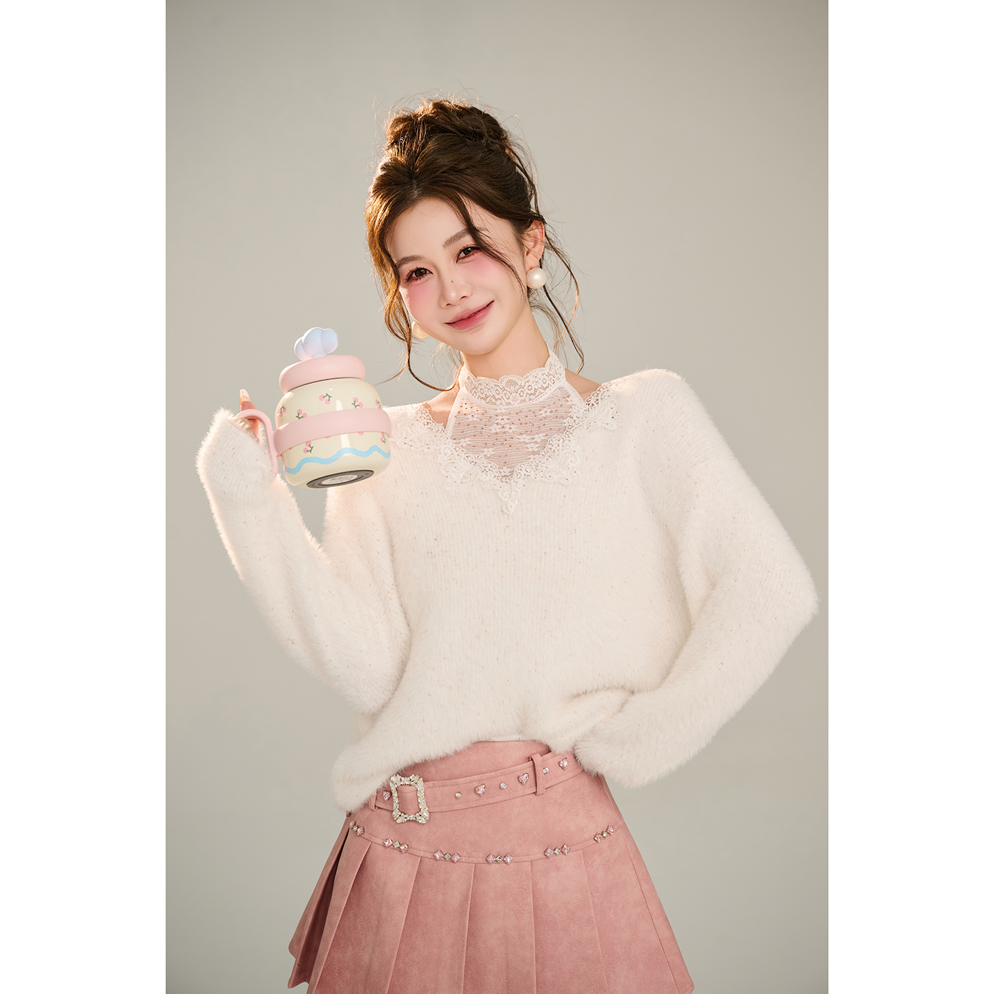 AZZHEN【柔光手信】蕾丝拼接挂脖小吊带毛衫两件套女新款针织套装