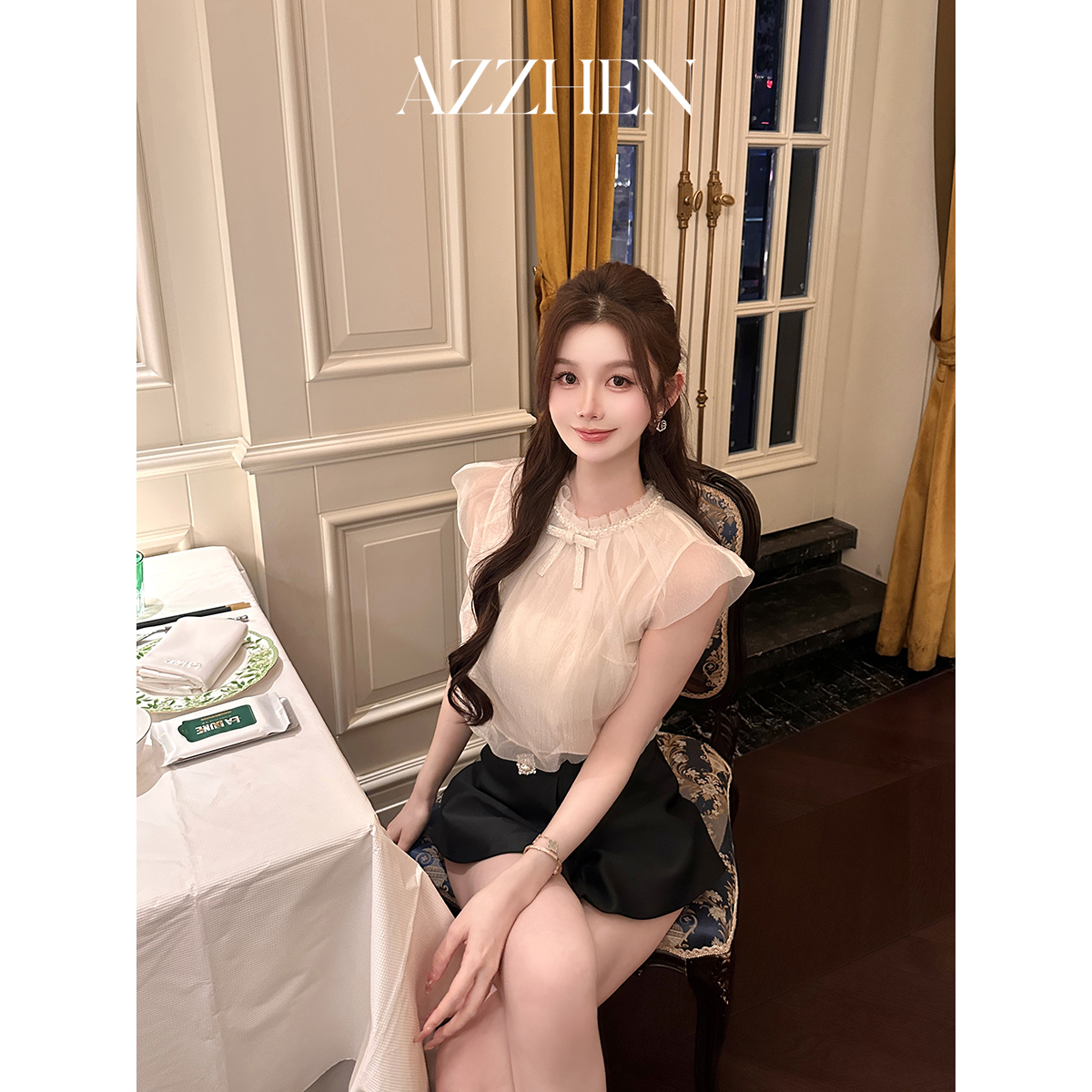 AZZHEN【玻璃折纸】水晶蝴蝶结小飞袖上衣女修身短款雪纺衫