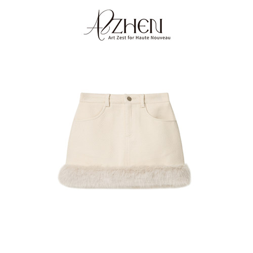 AZZHEN【冬日私语】毛毛拼接加厚毛呢半身裙