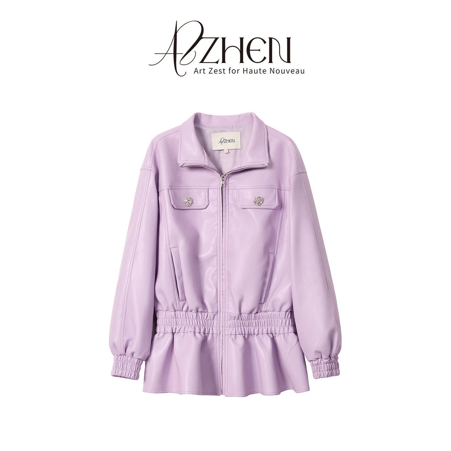 AZZHEN【紫罗兰乐章】复古荷叶边下摆螺纹松紧皮衣外套,女装/女士精品,短外套,淘宝优惠券,粉丝福利购,淘宝优惠卷