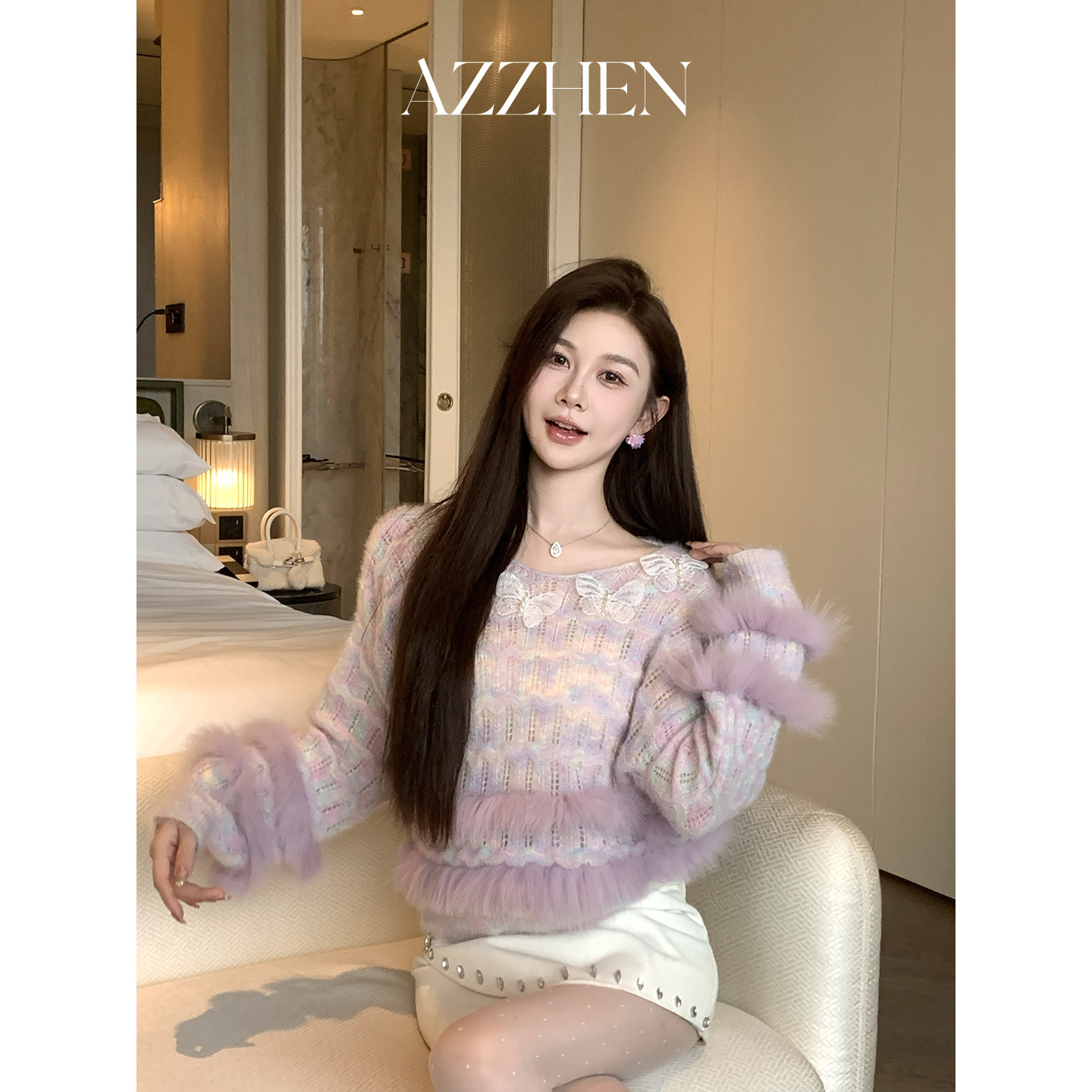 重工彩纱毛衫拼接狐狸毛上衣