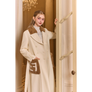 AZZHEN【秀场C位】复古水貂毛领毛呢外套女长款系带束腰翻领大衣