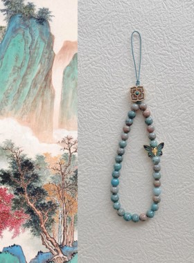 mms新中式金蝴蝶黄杨木绿松石配饰手机绳链短款高端挂件国风复古