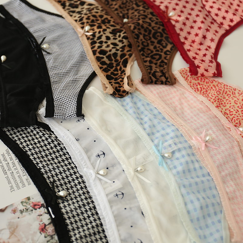 A433网纱豹纹丁字裤少女珍珠可爱镂空蝴蝶结低腰女内裤性感甜美