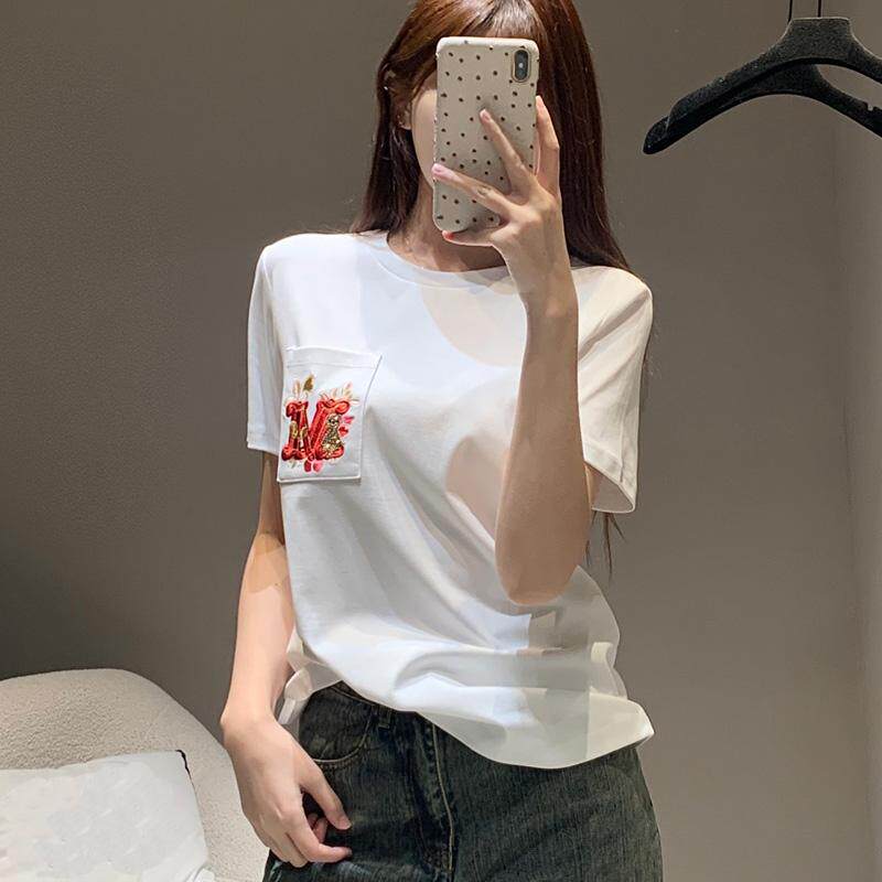 短袖口袋简约T恤女上衣潮