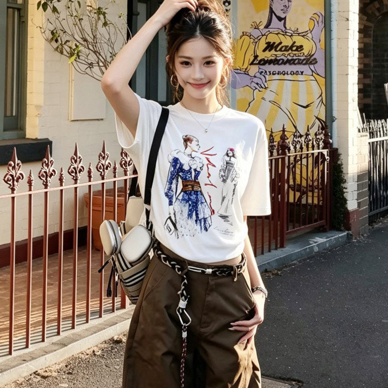 小香风手工卡通印花短袖T恤女潮