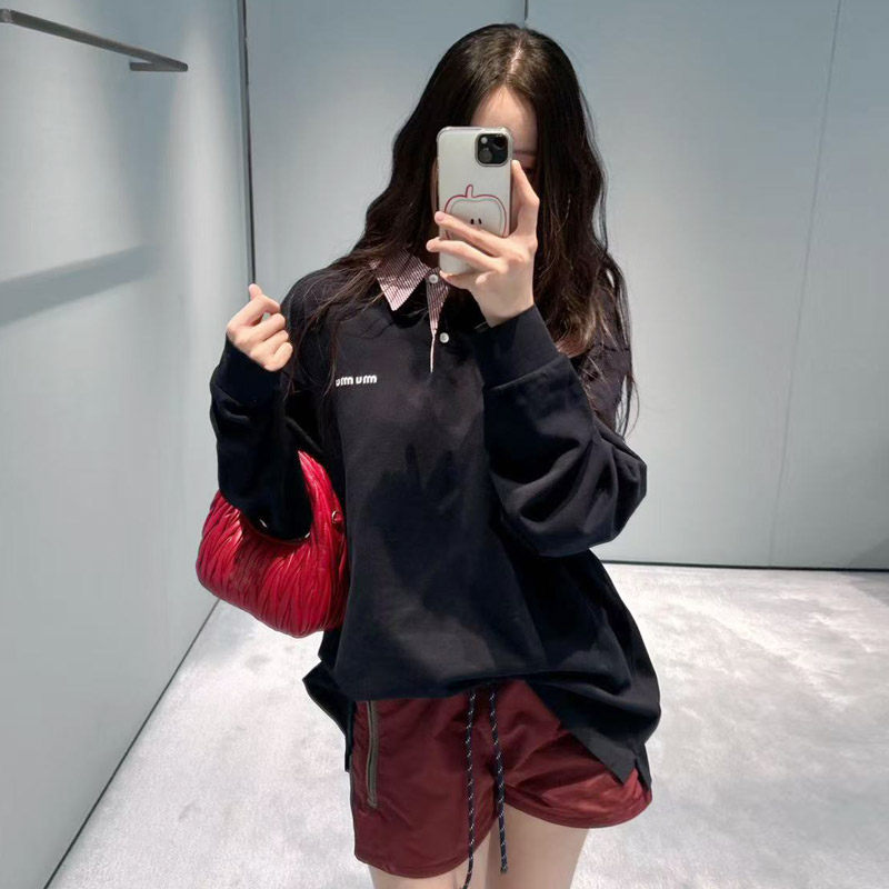 学院风撞色翻领长袖T恤女显瘦棉