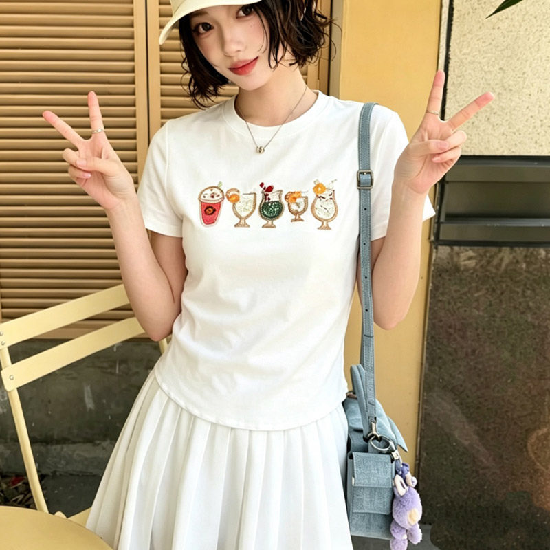 白色镶钻可乐杯修身短袖T恤女棉