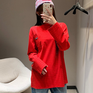 本命年打底衫 热卖 圆领宽松条纹上衣 新款 2026春季 红色长袖 T恤女装