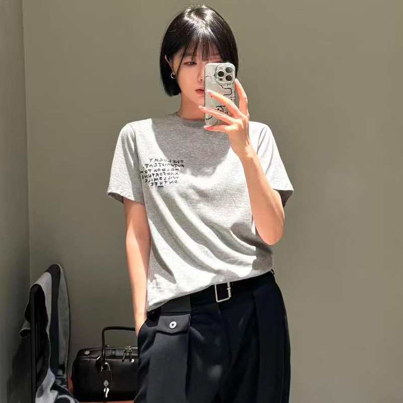 深圳南油高端女装2025新款绣花熊猫头圆领纯棉打底衫灰色短袖T恤