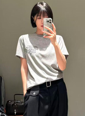 深圳南油高端女装2025新款绣花熊猫头圆领纯棉打底衫灰色短袖T恤