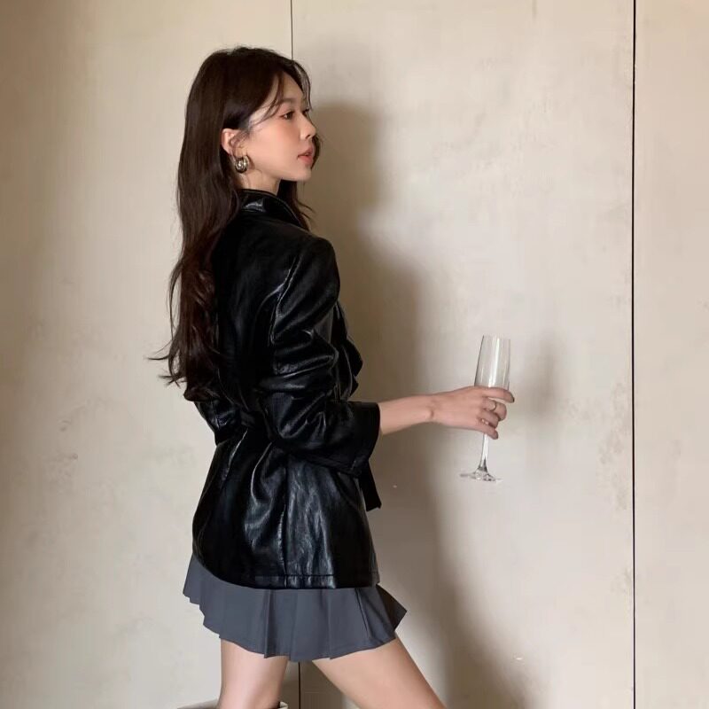 专柜正品2025秋季新款韩版大翻领收腰皮衣女宽松帅气PU皮外套潮