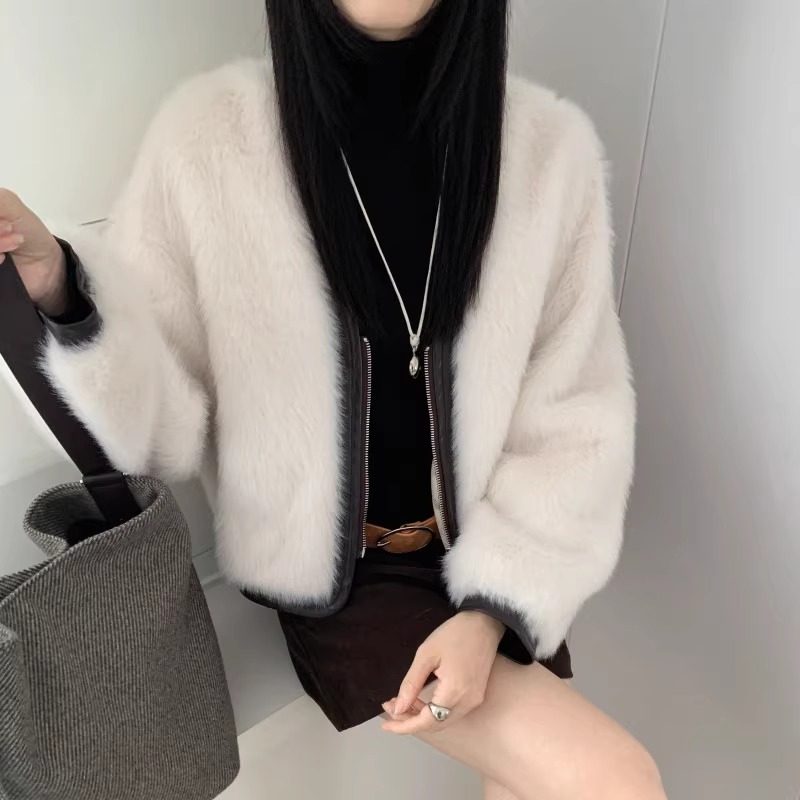 2025冬季新款韩版拼皮拉链V领仿水貂绒外套女短款气质皮毛一体