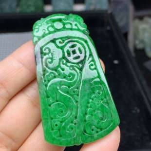 翡翠A货天然缅甸玉仿古龙牌吊坠356