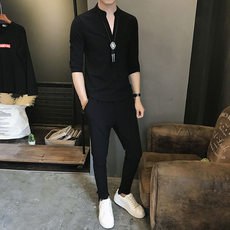 两件套男士休闲运动套装夏季短袖t恤亚麻中国风潮流七分袖男衣服