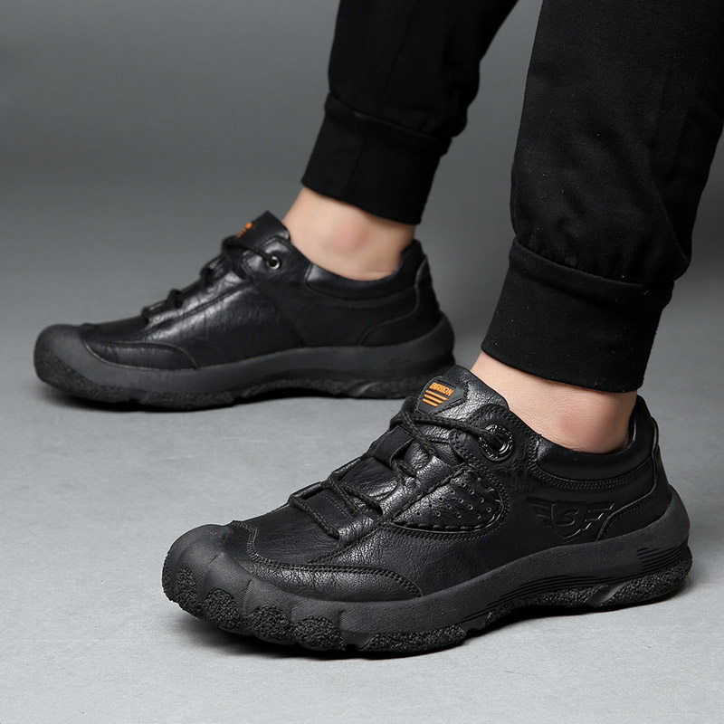 DI LUO SHARK 남성 발가락 레이어 소가죽 남성 야외 등산 캐주얼 가죽 신발 남성 미끄럼 방지 부드러운 밑창 스포츠 여행 신발