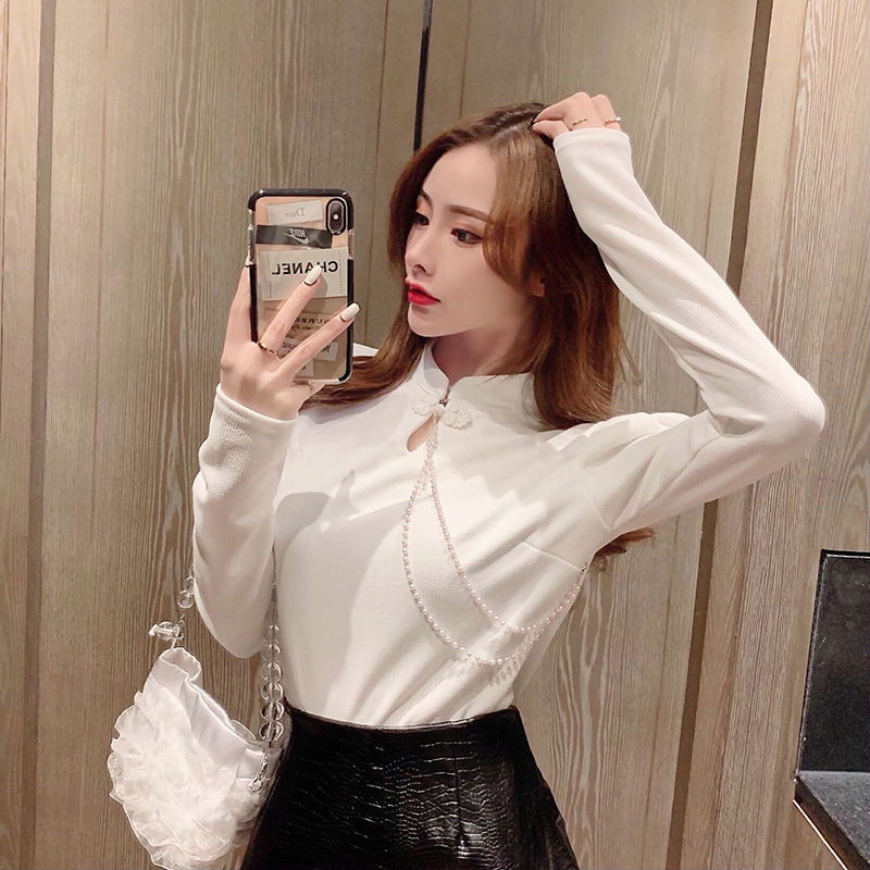 New style retro bubble long sleeve pearl chain decorated with foreign style bottoming shirt T-shirt