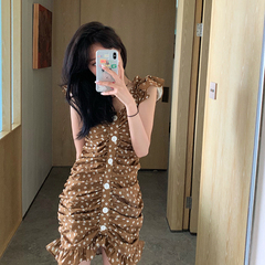 Real price new one line shoulder flying sleeve printed Pleated Dress