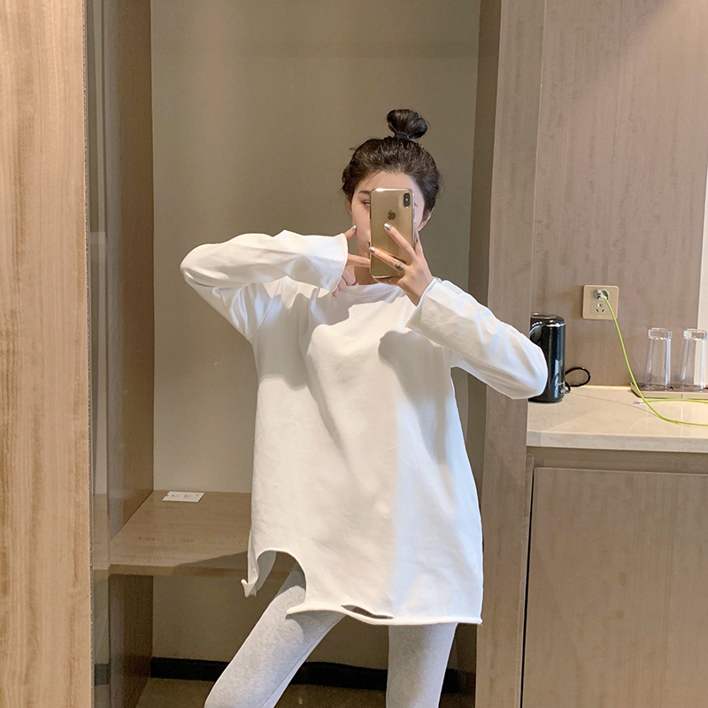 Real price thickened irregular hole embroidery long sleeve loose bottomed top T-shirt