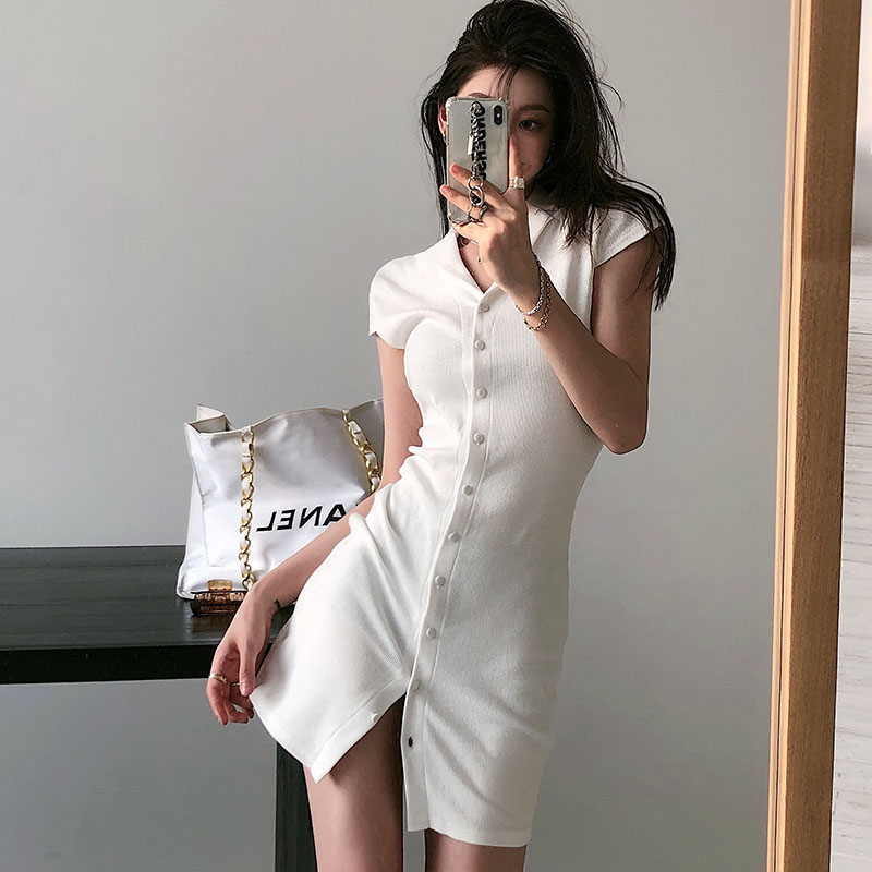 Real shot real price spring and summer collar low cut single row knitting thread button show figure bag hip skirt dress