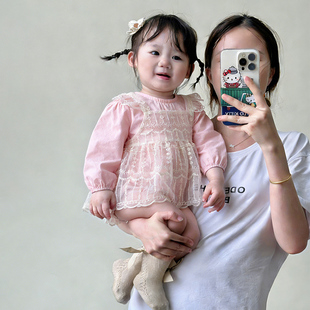 婴幼儿绣花网纱哈衣套装女宝宝甜美长袖包屁衣公主洋气罩衫连体衣