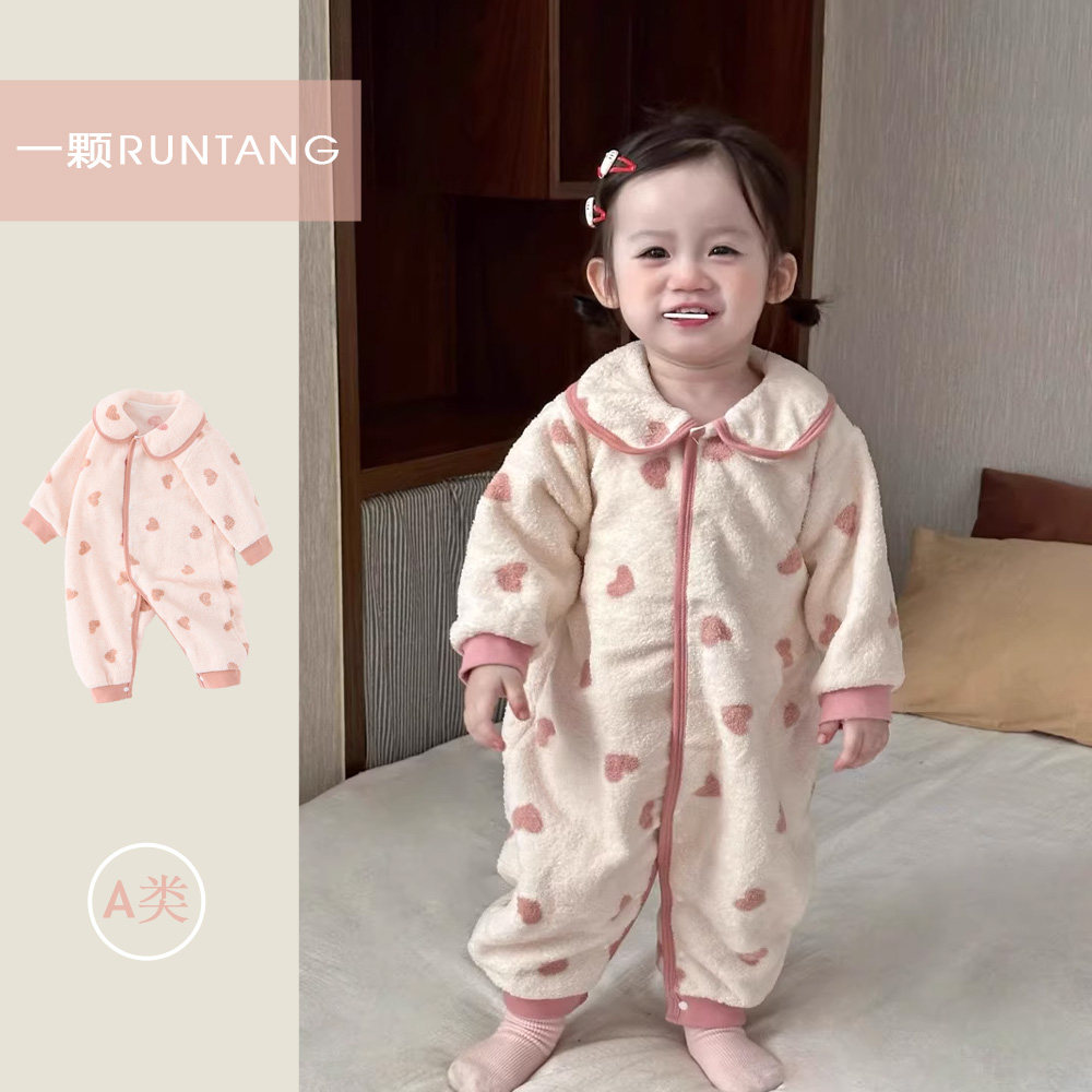 婴儿春季家居服睡衣女宝宝爱心毛绒加厚保暖连体衣小公主长袖爬服