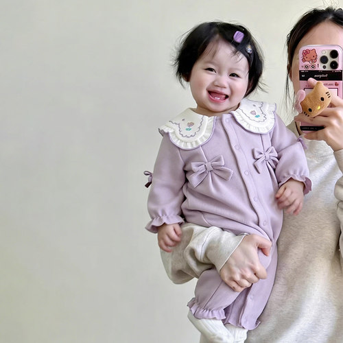 春秋外穿紫色蝴蝶结女宝宝哈衣