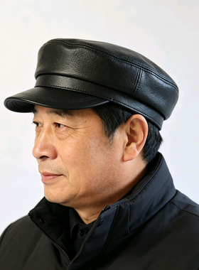 老式解放帽真皮平顶帽子男潮山羊皮秋冬中老年复古休闲机车鸭舌帽