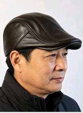 秋冬季真皮帽子男士羊皮鸭舌帽春秋薄款中老年贝雷帽时尚中年休闲