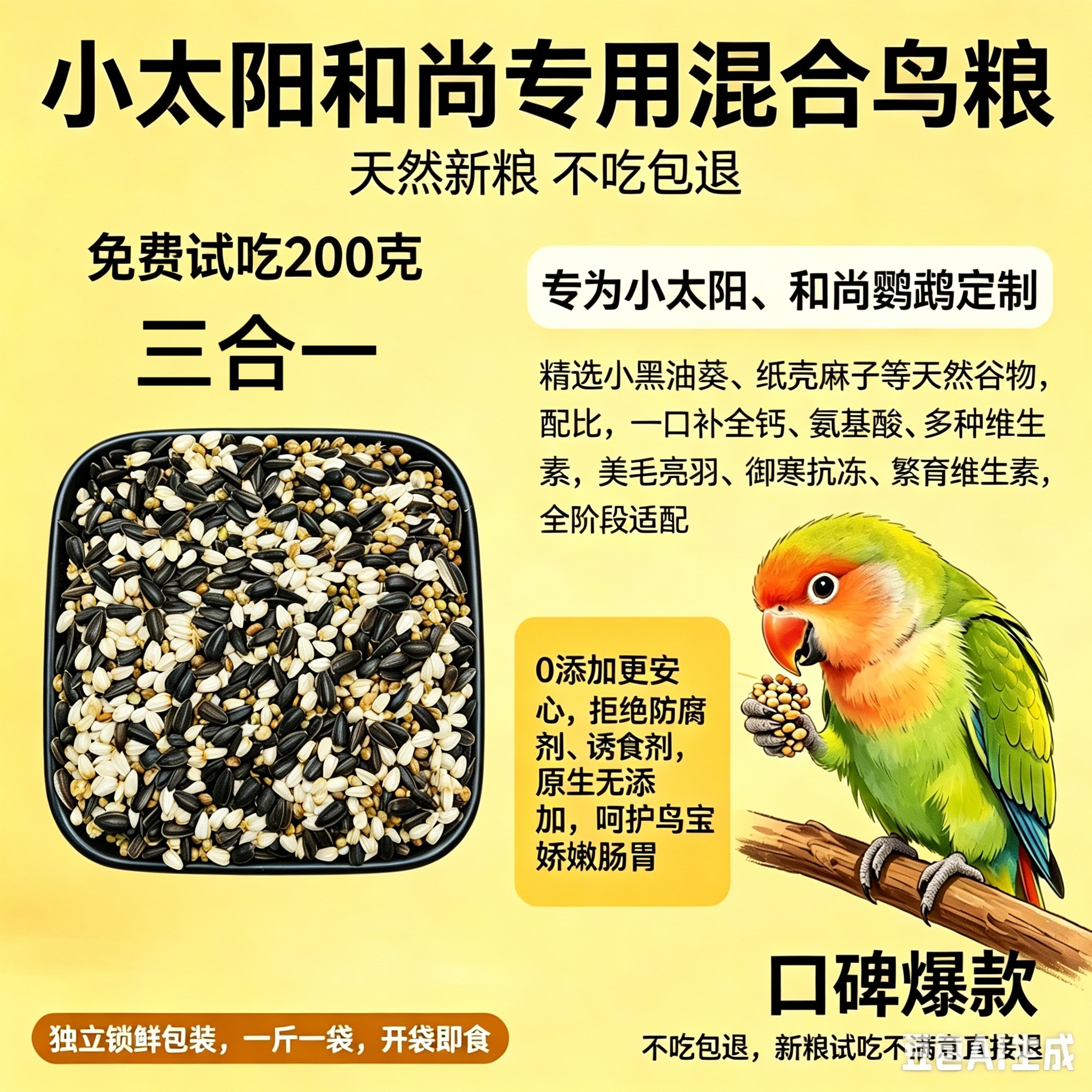 小太阳鹦鹉鸟粮饲料和尚专用粮食三合一混合粮蜡嘴牡丹鸟食种子粮