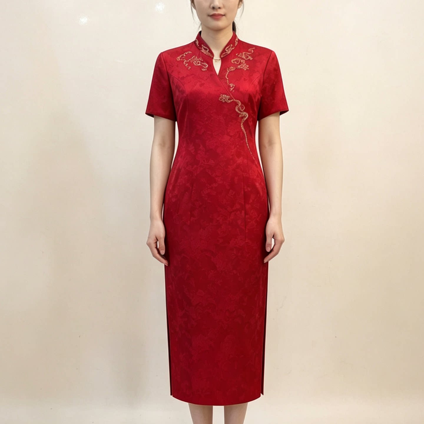 新中式刺绣醋酸旗袍婚宴礼服图片