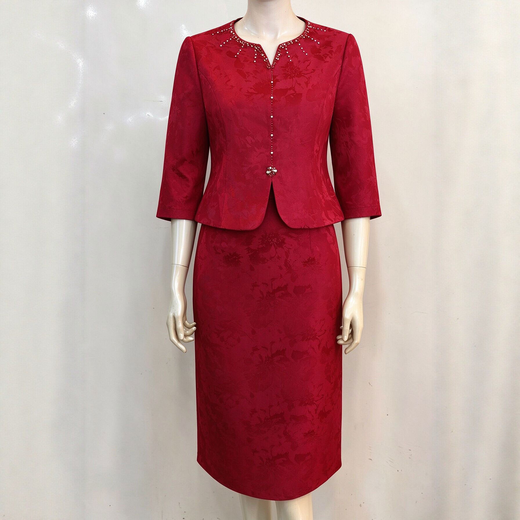 喜妈妈婚宴装婚礼礼服裙两件套装女七分袖钉珠亮片圆领裙套装提花