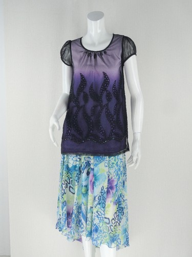 100元2件清!BEI萱蕾丝渐变亮片亚克力镂空纱网短袖上衣12S216A