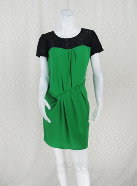 140元2件清仓!BEI萱 蕾丝拼色褶皱女夏绿色遮肚连衣裙13S106G XL