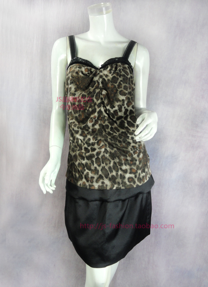 豹纹印花压褶针织吊带