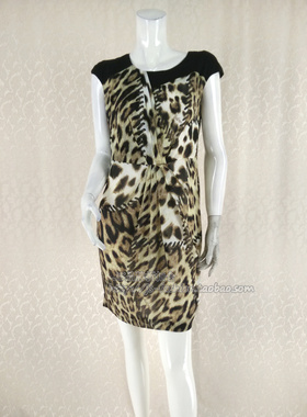 100元2件清!蕾DOW  豹纹印花拼色女夏压褶收腰遮肚连衣裙BA15314