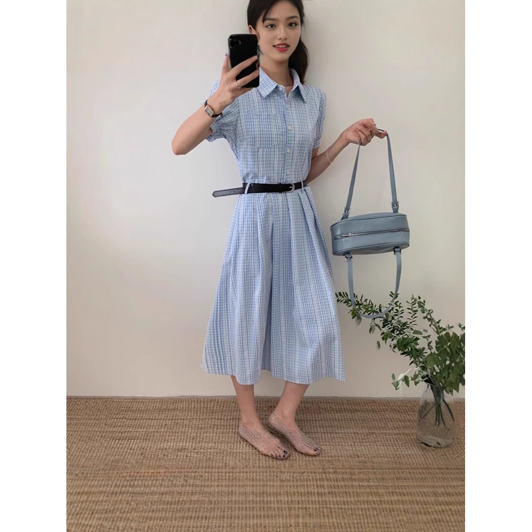 实拍 文艺复古格子连衣裙 单排扣格子收腰显瘦衬衫裙女装 配腰带