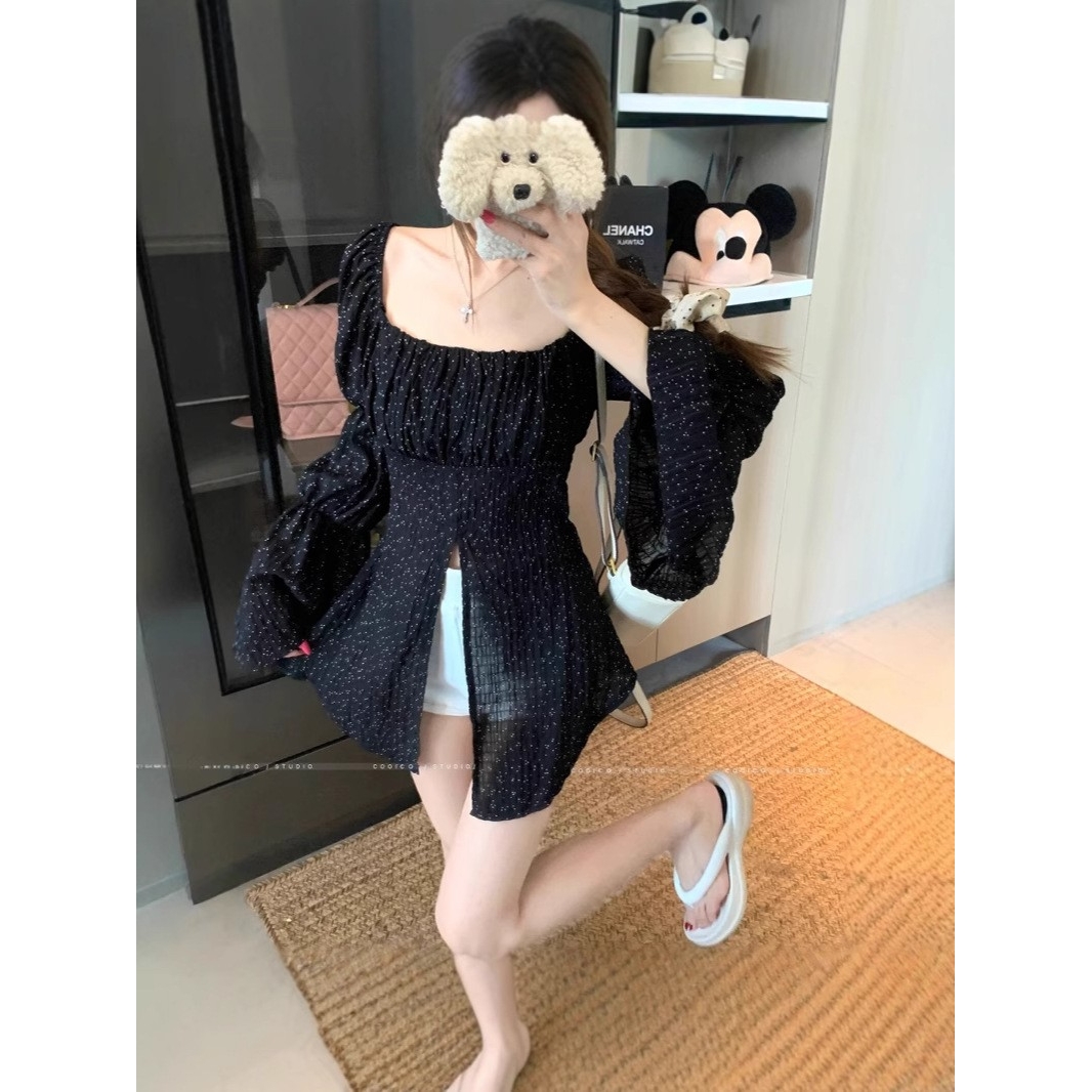 实拍 法式方领波点喇叭袖衬衫气质收腰设计感显瘦上衣韩版女装