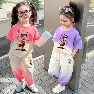 套装 2026女童夏季 爆款 网红洋气短袖 中小童渐变粉色潮酷两件套 新款