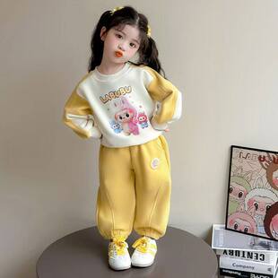 女童卫衣春秋款 儿童洋气小女孩可爱卡通两件套 黄色拼接拉布布套装